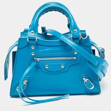 Pre Owned Balenciaga Blue Croc Embossed Leather Mini Neo Classic Bag