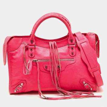 Pre Owned Balenciaga Pink Lizard Embossed Leather RH City Bag