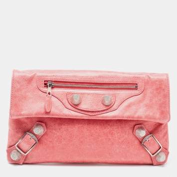Pre Owned Balenciaga Pink Leather GSH Classic Envelope Clutch