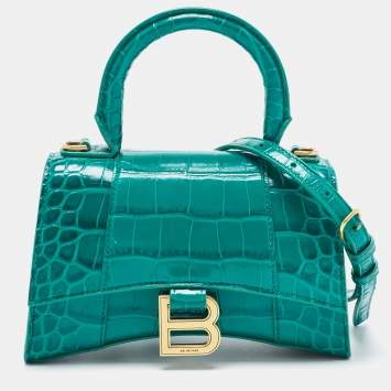 Pre Owned Balenciaga Green Croc Embossed Leather XS Hourglass Top Handle Bag