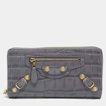 Pre Owned Balenciaga Grey Croc Embossed Leather Classic City Wallet
