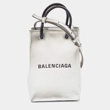 Pre Owned Balenciaga Silver Patent Leather Shopping Phone Holder Crossbody Bag