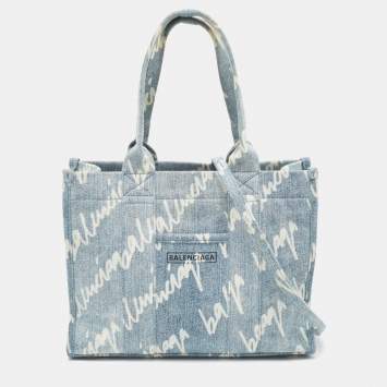 Pre Owned Balenciaga Light Blue/White Denim Logo Tote