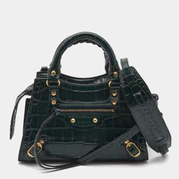 Pre Owned Balenciaga Green Croc Embossed Leather Mini Neo Classic City Tote