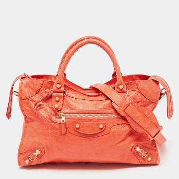 Pre Owned Balenciaga Red Leather Giant 12 Gold Motorcycle City Bag