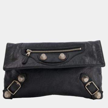 Pre Owned Balenciaga Black Leather City Pouch Bag with Silver Hardware