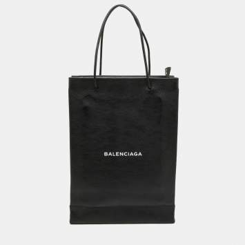 Pre Owned Balenciaga Black Leather Logo Print North South Shopper Tote