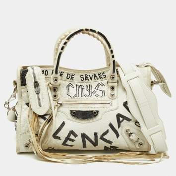 Pre Owned Balenciaga White/Black Graffiti Leather Small Classic City Bag