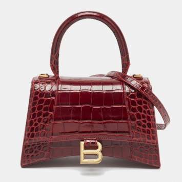 Pre Owned Balenciaga Burgundy Croc Embossed Leather Small Hourglass Top Handle Bag