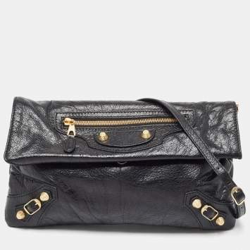 Pre Owned Balenciaga Black Leather Giant 12 Gold Hardware Envelope Strap Clutch