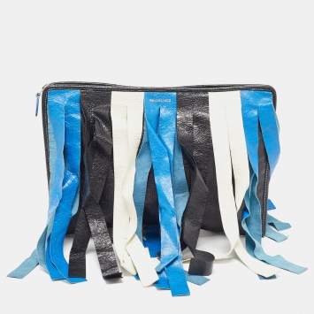 Pre Owned Balenciaga Tricolor Leather Bazar Fringe Clutch
