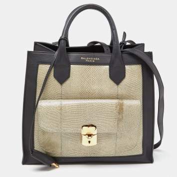 Pre Owned Balenciaga Black/Green Karung and Leather Padlock All Afternoon Tote
