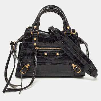 Pre Owned Balenciaga Black Croc Embossed Leather Mini Neo Classic Bag