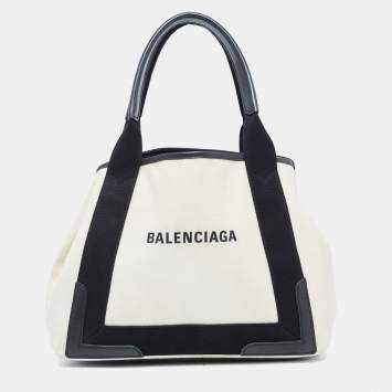 Pre Owned Balenciaga Black/Off White Canvas and Leather Small Cabas Tote