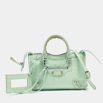 Pre Owned Balenciaga Mint Green Croc Embossed Patent Leather Nano Classic City Tote