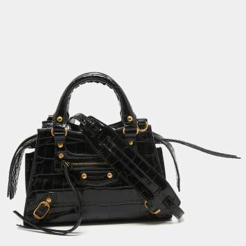 Pre Owned Balenciaga Black Croc Embossed Leather Mini Neo Classic Bag
