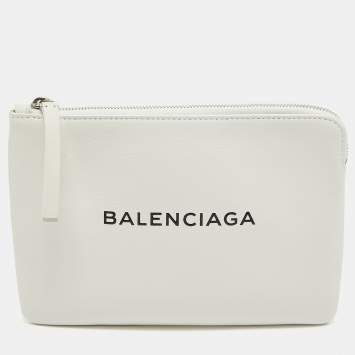 Pre Owned Balenciaga White Leather Zip Pouch
