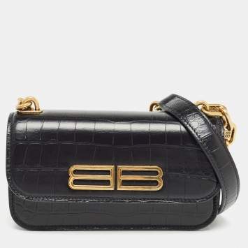 Pre Owned Balenciaga Black Croc Embossed Leather Gossip Wallet On Chain