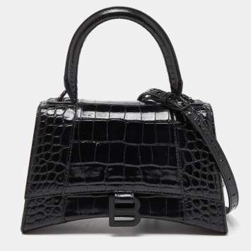 Pre Owned Balenciaga Black Croc Embossed Leather Small Hourglass Top Handle Bag