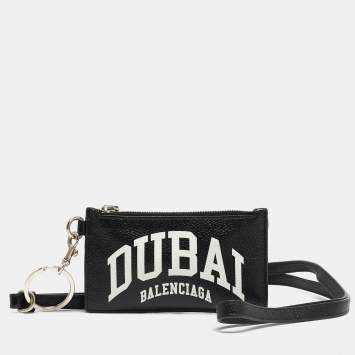 Pre Owned Balenciaga Black/White Leather Dubai Zip Card Holder with Strap