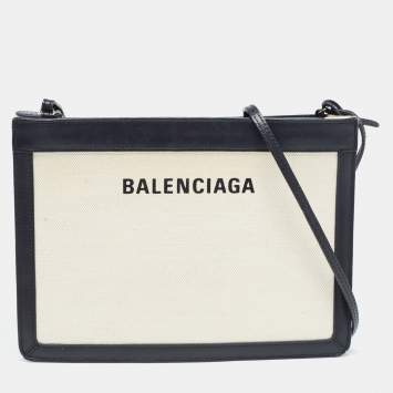 Pre Owned Balenciaga Black/Off-White Canvas and Leather Navy Pochette Crossbody Bag