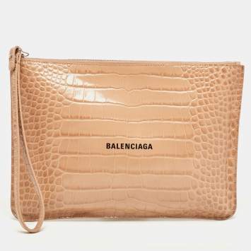 Pre Owned Balenciaga Beige Croc Embossed Leather Wristlet Pouch