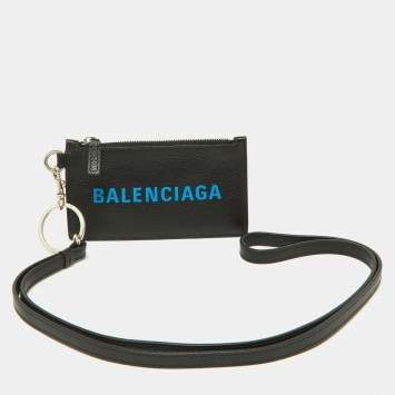 Pre Owned Balenciaga Black/Blue Leather Zip Card Holder with Strap