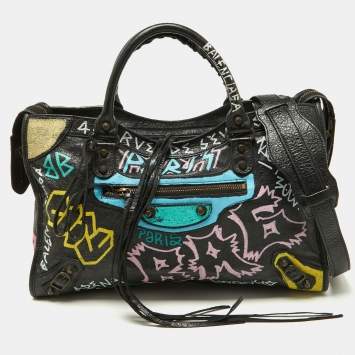 Pre Owned Balenciaga Black Graffiti Leather City Tote