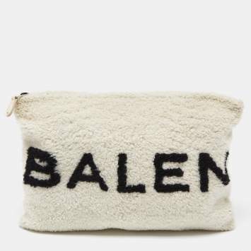 Pre Owned Balenciaga Off White/Black Shearling Logo Zip Pouch