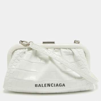 Pre Owned Balenciaga White Croc Embossed Leather Cloud Clutch Bag
