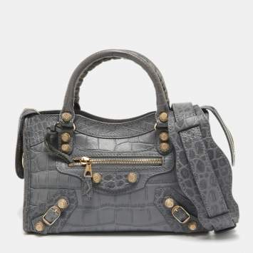 Pre Owned Balenciaga Grey Croc Embossed Leather Mini RH City Bag