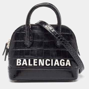 Pre Owned Balenciaga Black Croc Embossed Leather XXS Ville Satchel