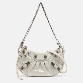 Pre Owned Balenciaga White Croc Embossed Leather Mini Le Cagole Shoulder Bag