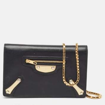 Pre Owned Balenciaga Black Leather Amp Plate Gold Wallet on Chain