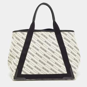 Pre Owned Balenciaga Beige/Black Canvas and Leather M Navy Cabas Tote