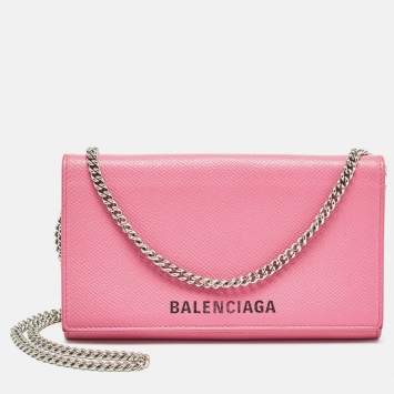Pre Owned Balenciaga Pink Leather Logo Flap Chain Clutch