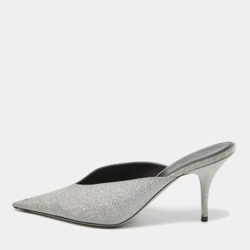 Pre Owned Balenciaga Silver Glitter Knife Mules Size 39