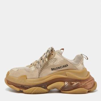 Pre Owned Balenciaga Beige Mesh and Faux Leather Triple S Clear Sole Sneakers Size 36