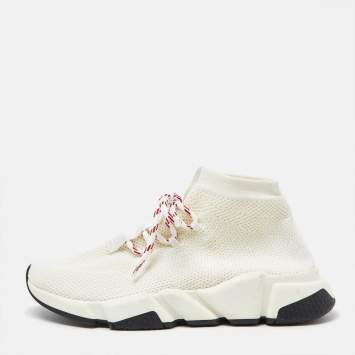 Pre Owned Balenciaga Cream Knit Fabric Speed Lace Up Sneakers Size 39