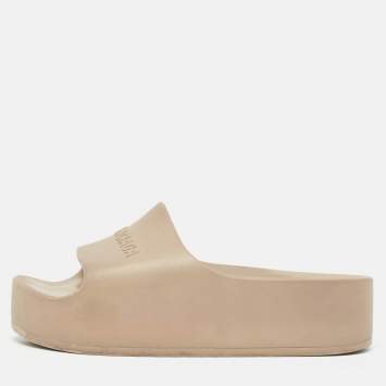 Pre Owned Balenciaga Beige Rubber Logo Chunky Slides Size 36