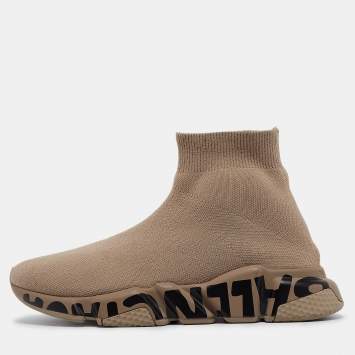 Pre Owned Balenciaga Beige Knit Fabric Logo Speed Trainer Sneakers Size 38