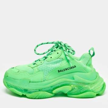 Pre Owned Balenciaga Green Mesh and Faux Leather Triple S Sneakers Size 37