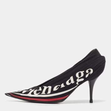Pre Owned Balenciaga Black Logo Print Fabric Knife Pumps Size 38