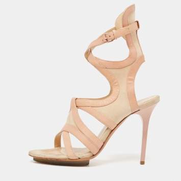 Pre Owned Balenciaga Beige Leather and Suede Ankle Strap Sandals Size 38    