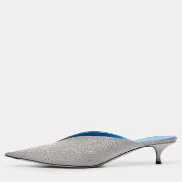 Pre Owned Balenciaga Silver Glitter Knife Pointed Toe Mules Size 40