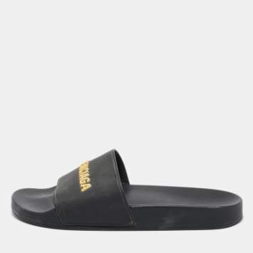 Pre Owned Balenciaga Black Rubber Embossed Logo Pool Slides Size 41