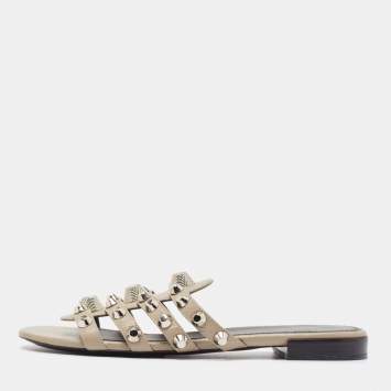 Pre Owned Balenciaga Grey Leather Arena Studded Arena Flat Slides Size 40