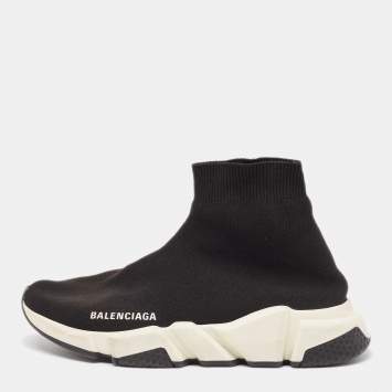 Pre Owned Balenciaga Black Knit Fabric Speed Trainer High Top Sneakers Size 38