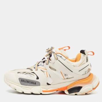 Pre Owned Balenciaga White/Orange Leather and Mesh Track Low Top Sneakers Size 36