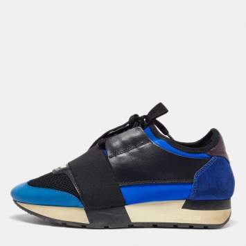 Pre Owned Balenciaga Blue/Black Leather and Mesh Race Runner Sneakers Size 35